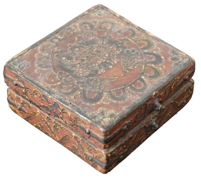 18th Century Tibetan Lotus Buddha Polychrome Wood and Iron Box