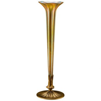 Tall Tiffany Studios Furnaces Gilt Bronze and Gold Favrile Trumpet Vase.