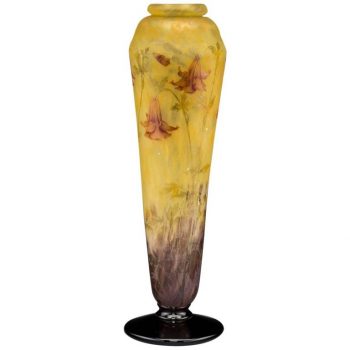 Monumental 19” Daum Nancy Enameled and Etched Columbine Flower Vase