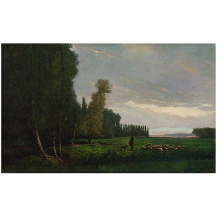 Charles Theodore Sauvageot Painting of Sheep and Shepherd in Landscape