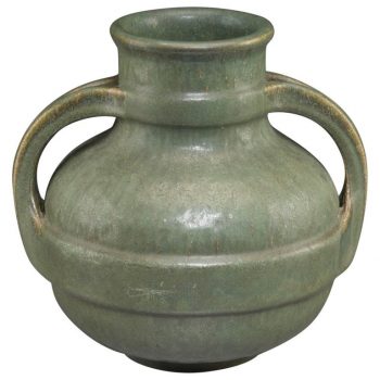 Fulper Arts & Crafts Hammered Green Split Strapped Handled Vase, 1900