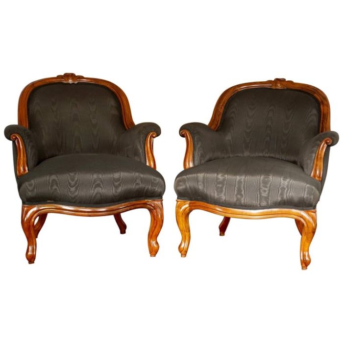 Pair of French Period Louis Philippe Walnut Armchairs Bergeres, 1840