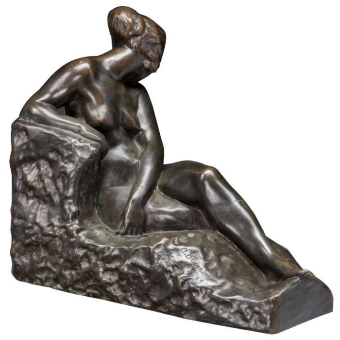 Antoine Bouraine French Bronze of a Lounging Nude Woman, 1900