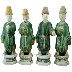Four Chinese Ming Dynasty Tall Green Glazed Tomb Figures