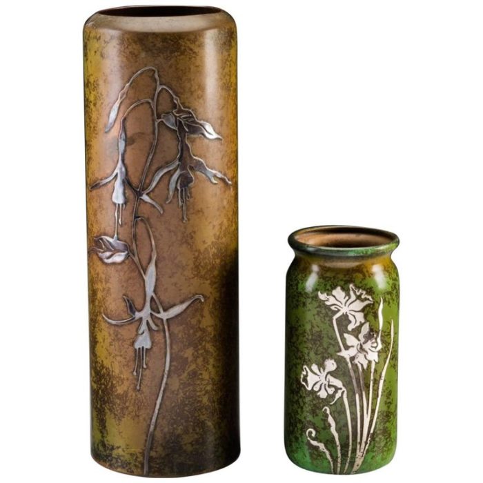 Two Heintz Silver Overlay Patinated Bronze Vases