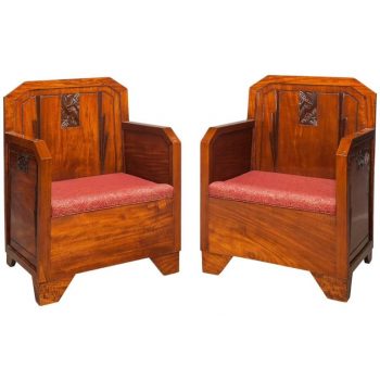 Pair French Art Deco Mahogany Red Club Armchairs, 1930