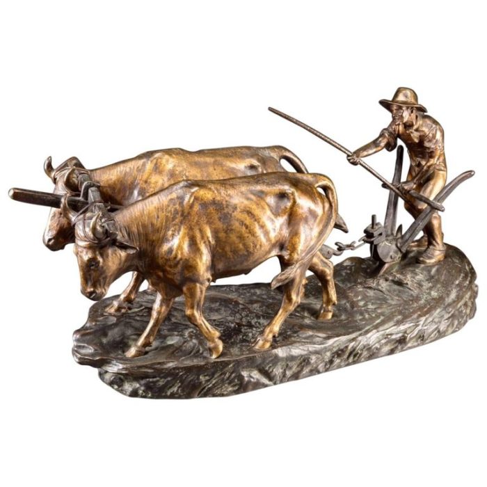 Edouard Drouot Bronze of Farmer and Bulls Plowing the Field