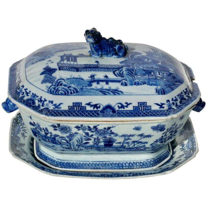 18th Century Chinese Blue and White Chamfered Tureen, Cover and Stand