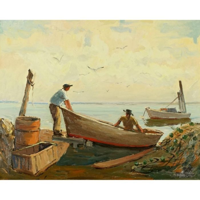 Melville Stark Midcentury Oil Painting of Fishermen “Longboat Key”