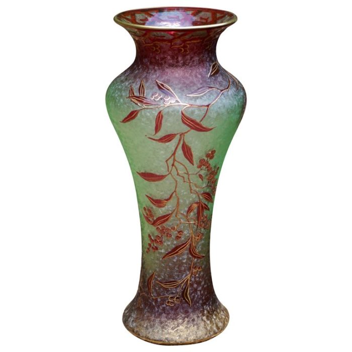 Baccarat Carved, Layered and Gilt Art Nouveau Raspberry Red Vase