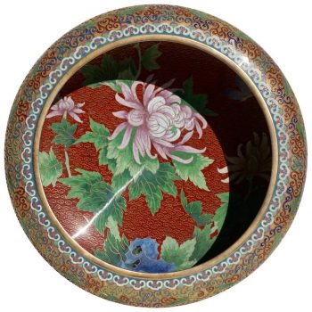 Large Chinese Cloisonné Champlevé Floral Bowl