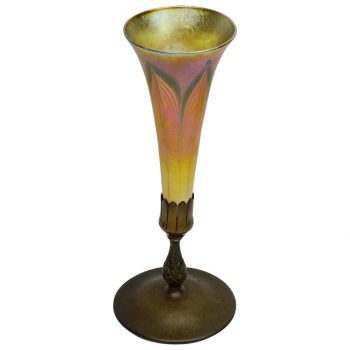Tiffany Studios Bronze and Favrile LCT Feather Pulled Trumpet Vase