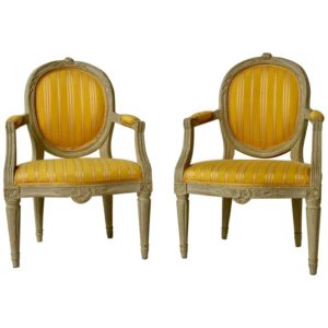 Pair of Gustavian Period Yellow Upholstered Armchairs, 18th Century