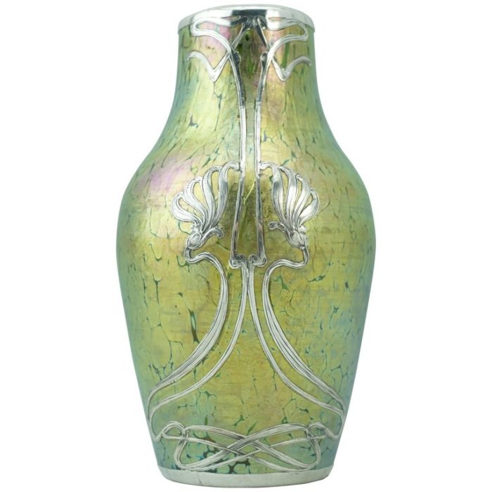 Loetz Crete Papillon Silver Overlay Art Nouveau Vase