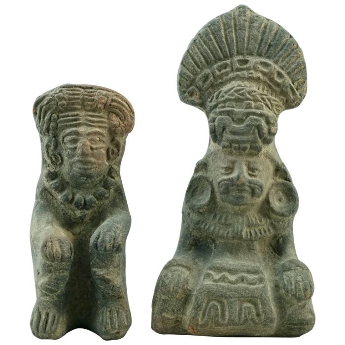 Two Pre Colombian Aztec Carved Volcanic Stone Figures with Headdress