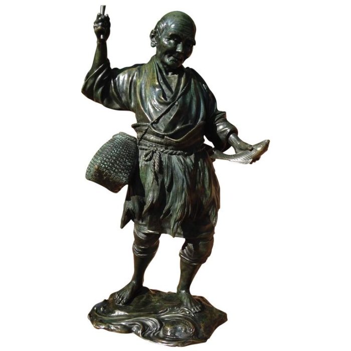 Meiji Period Japanese Bronze Fisherman Genryusai Seiya