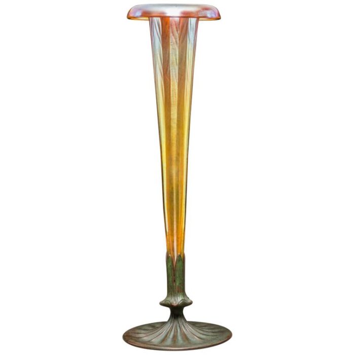 Tall Tiffany Studios Furnaces Gilt Bronze and Gold Favrile Trumpet Vase.