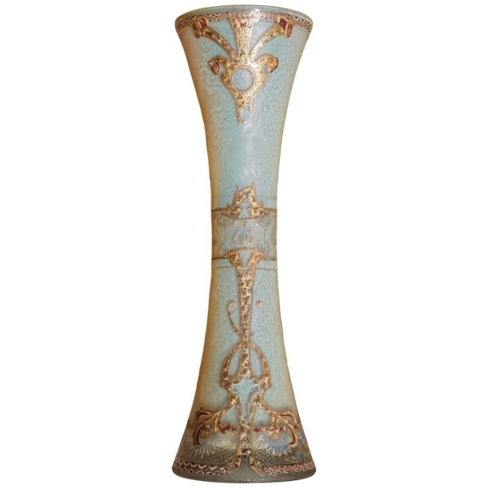 Tall Enameled Carved Etched and Gilt Opalescent Daum Nancy Vase