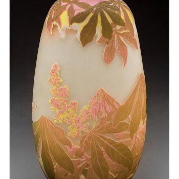 Large Art Nouveau Emile Galle Four Color Botanicals Vase. Circa 1905