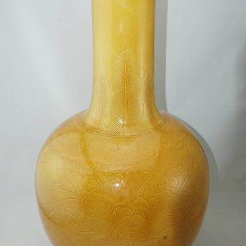 Monumental Chinese Qing Glazed and Lotus Incised Stick Neck Vase