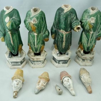 Four Chinese Ming Dynasty Tall Green Glazed Tomb Figures