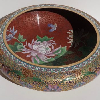 Large Chinese Cloisonné Champlevé Floral Bowl