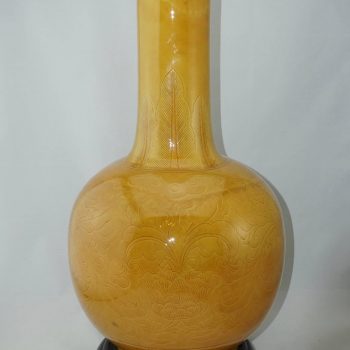 Monumental Chinese Qing Glazed and Lotus Incised Stick Neck Vase