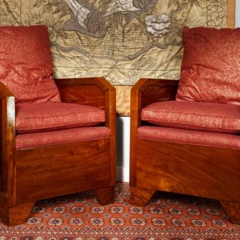 Pair French Art Deco Mahogany Red Club Armchairs, 1930