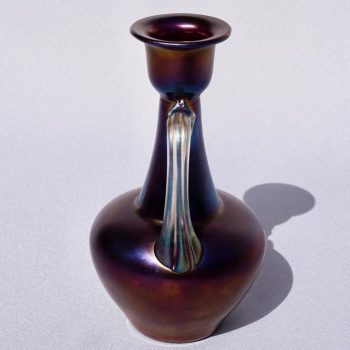 Loetz Rubin Matte Iris Handles Ewer Vase, Rare 1898