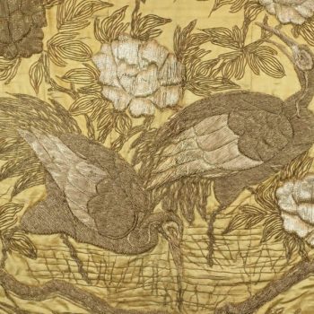 Japanese Meiji Period Silver Embroidery On Silk Of Hawk Attacking White Cranes
