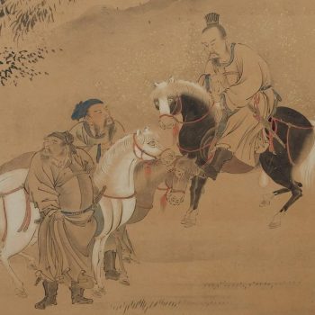 Qing Dynasty Six-Panel Screen Painting of Landscape With Horses and Figures