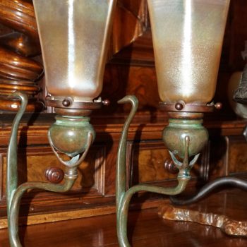 Pair Tiffany Studios Cobra Bronze Candlesticks with L.C.T. Favrile Lamp Shades