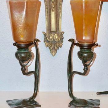 Pair Tiffany Studios Cobra Bronze Candlesticks with L.C.T. Favrile Lamp Shades