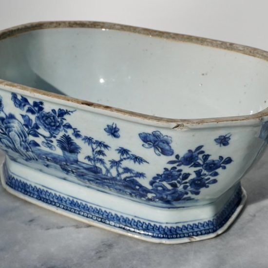 18th Century Chinese Blue and White Chamfered Tureen, Cover and Stand