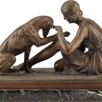 Dimetri Chiparus Bronze “Accident De Chasse” Woman and Dog, circa 1925