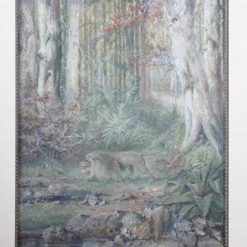 Henri Langerock Belgium Watercolor of a Prowling Lion in the Jungle