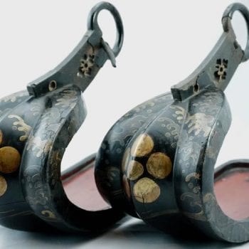 Pair of 18th Century Japanese Edo Period Lacquered Samurai Iron Stirups