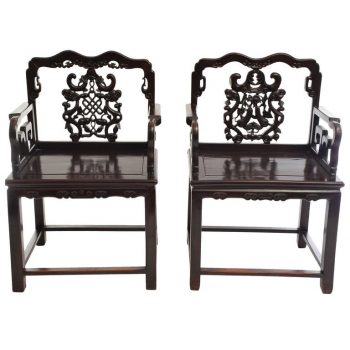 Pair of 19th Century Qing Wood Carved Chinese Armchairs