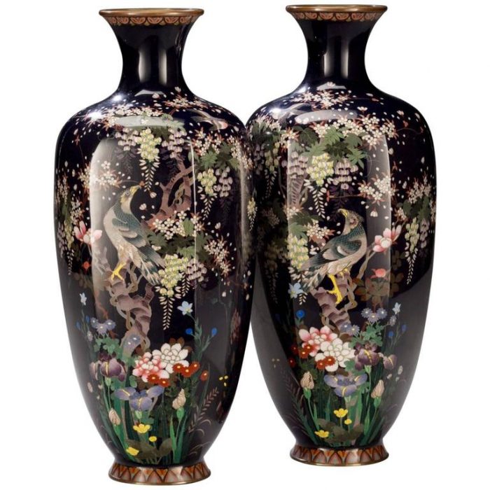 Pair of Meiji Japanese Cloisonne Vases by Hayashi Chuzo, circa 1900