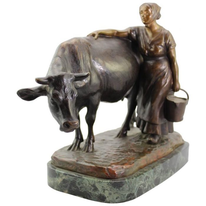 Louis Riche Bronze of a Cow and Milking Woman, circa 1910