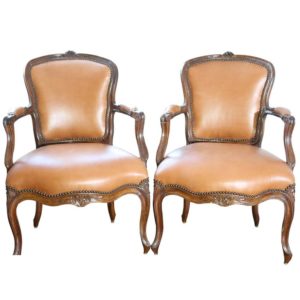 Pair of French 18th Century Louis XV Leather Upholstered Walnut Armchairs