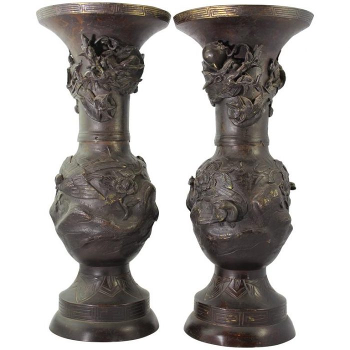 Pair Japanese Meiji Bronze Dragon Vases, 19th Century