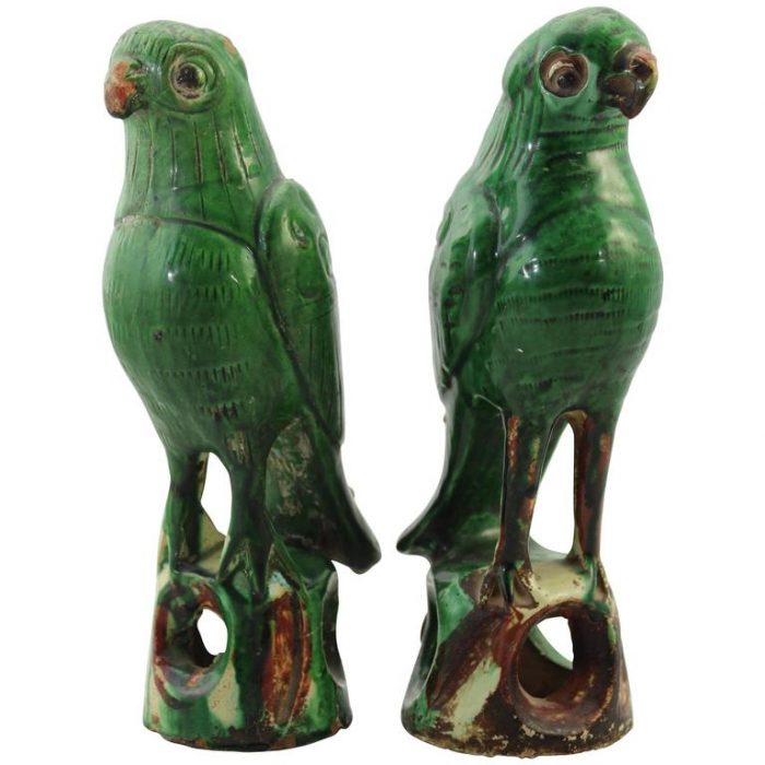 Qing Dynasty Pair of Glazed Terracotta Birds