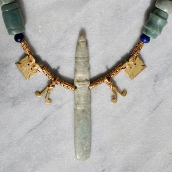 Pre Columbian Jade Axe Celt God and Gold Pendant Necklace