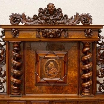 17th Century Louis XIII Burl Walnut Sideboard Cabinet with Carved Portrait
