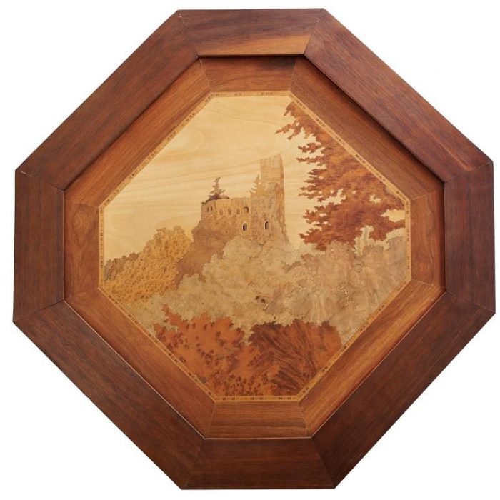 Emile Galle Inlaid Marquetry Castle Tray, circa 1895