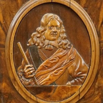 17th Century Louis XIII Burl Walnut Sideboard Cabinet with Carved Portrait
