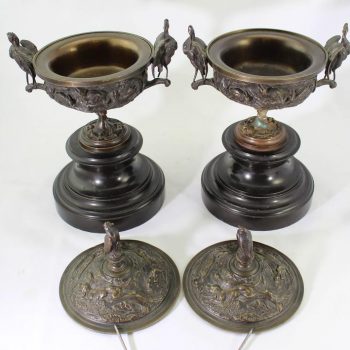 Jules Moigniez Pair of Hunting Covered Bronze Urned Vases