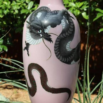 Pair of Large Meiji Japanese Pink Cloisonné Dragon Vases