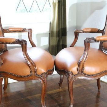 Pair of French 18th Century Louis XV Leather Upholstered Walnut Armchairs